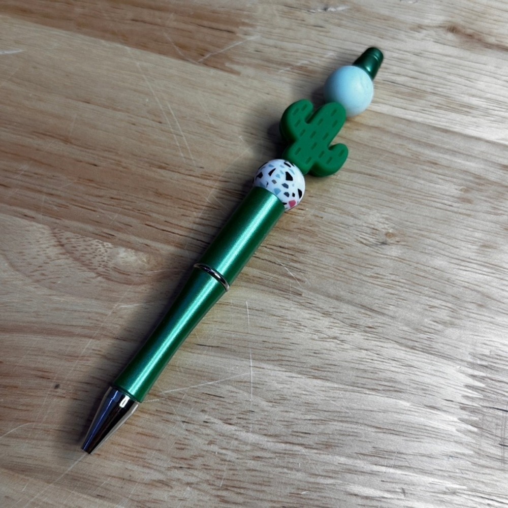 Green Metallic Beaded Cactus Ballpoint Pen Silicone Terrazzo Desert Theme